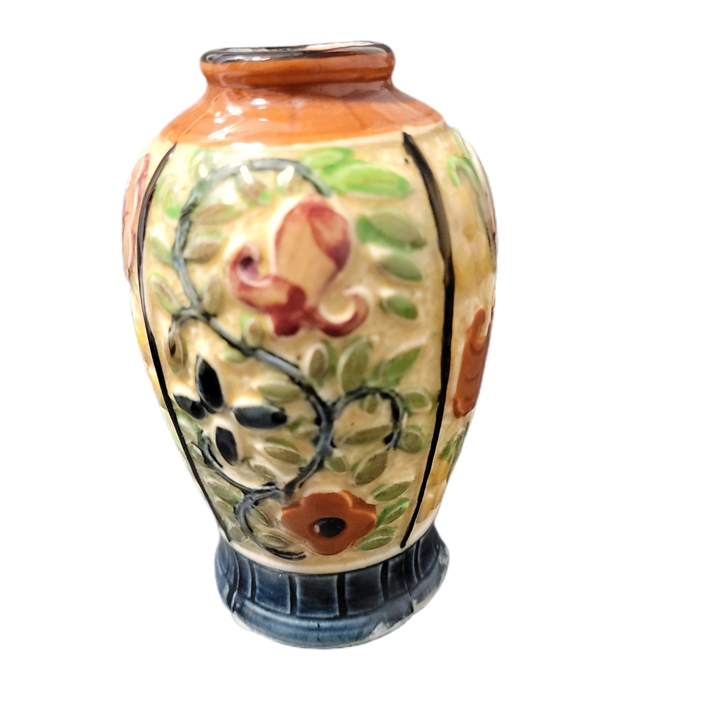 Antique Floral Hand Painted Made in Japan Embossed Pottery Urn Ceramic Vase 5 in